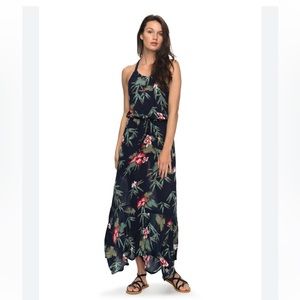 Roxy blue isle groove the physical dress maxi tropical floral print navy t strap